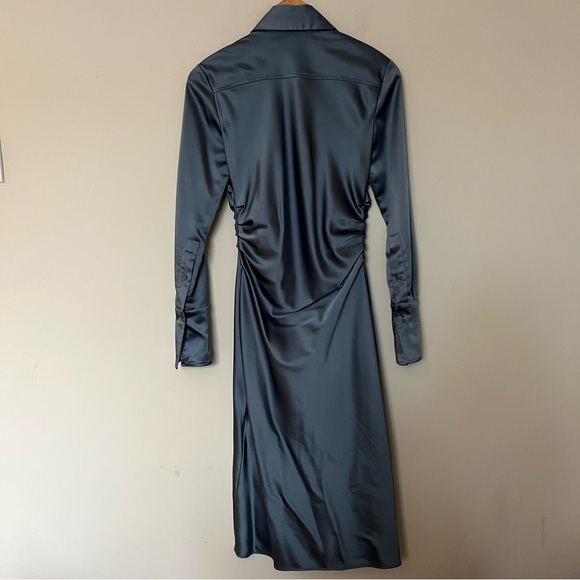 Mango Satin Ruched Shirt Dress – Slate Blue – Size Small - Picture 8 of 10